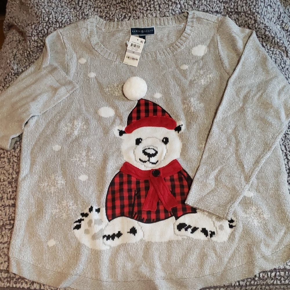 Karen Scott Light Gray Polar Bear Sweater Polar Bear Christmas Embroidered NWT